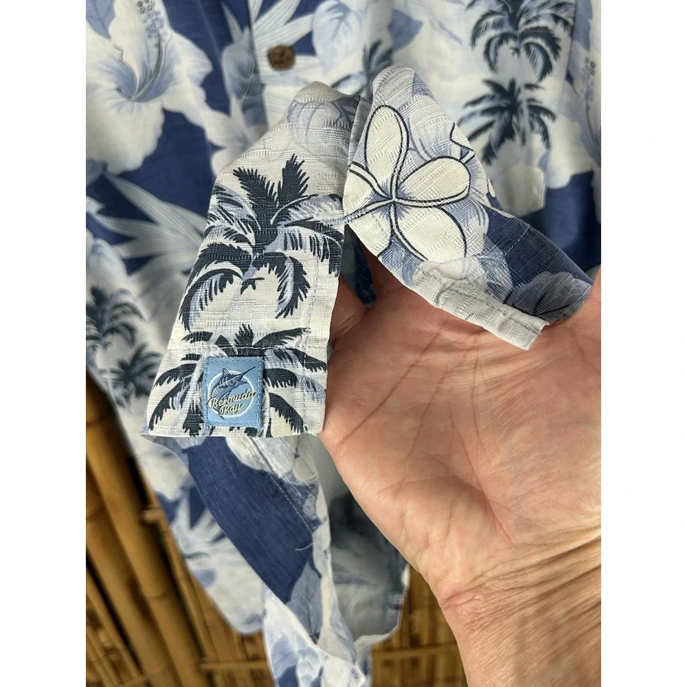 Bermuda Bay 100% Silk Hawaiian Shirt Blue White‎ Short Sleeve Button Up Size 2XL - Picture 4 of 13